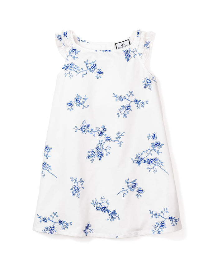 White Girls Twill Amelie Nightgown in Indigo Floral by Petite Plume, featuring a vintage print of blue floral patterns and ruffled shoulders, expertly crafted from the finest quality cotton.