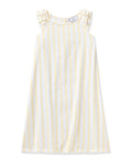 White sleeveless dress with yellow vertical stripes on a white background