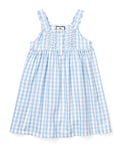 Girl's Twill Charlotte Nightgown in Light Blue Gingham with sleeveless design, ruffle accents, chest buttons, gathered waist, and a loose, flowy skirt.