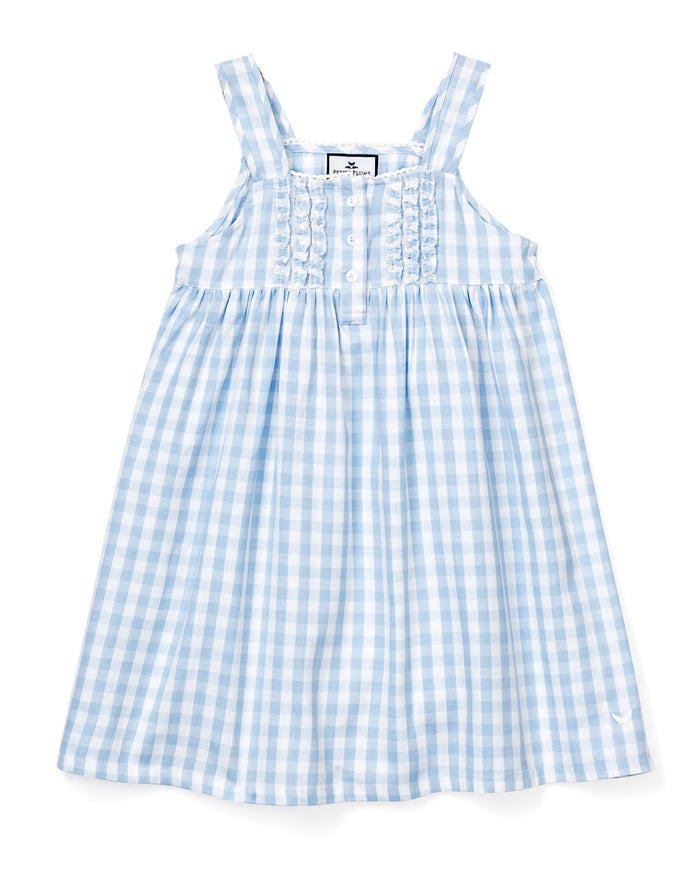 Girl's Twill Charlotte Nightgown in Light Blue Gingham with sleeveless design, ruffle accents, chest buttons, gathered waist, and a loose, flowy skirt.