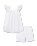 The Girls Twill Clara Short Set in White by Petite Plume features a soft cotton dress with lace frill straps, complemented by matching white shorts with an elastic waistband for comfort.