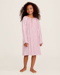 Close-up of Petite Plumes Girls Twill Delphine Nightgown in Antique Red Ticking, featuring pink and white stripes with red stitched ruffles and an embroidered star. Ideal for childrens sleepwear, its smooth texture highlights the detailed pattern and craftsmanship.