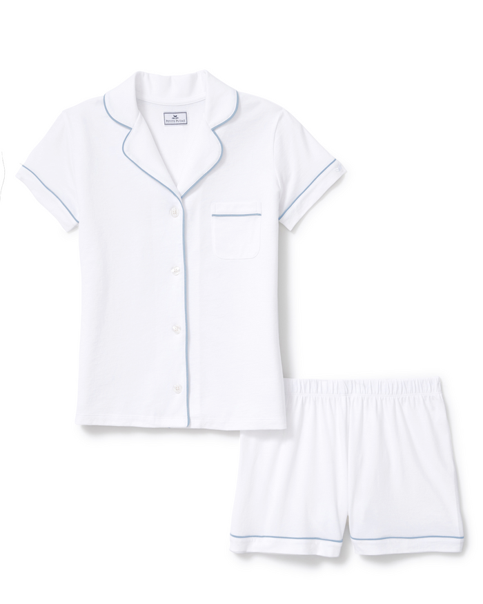 Greek Embroidered Poppy Pima Short Set in White with Periwinkle Piping, featuring a button-up short-sleeve top with a chest pocket and matching shorts with an elastic waistband and periwinkle trim.