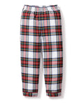 Petite Plumes Kids Brushed Cotton Pajama Pant in Balmoral Tartan features a striking red, white, black, and green plaid pattern with an elastic waistband and relaxed fit, perfect for cozy lounging.