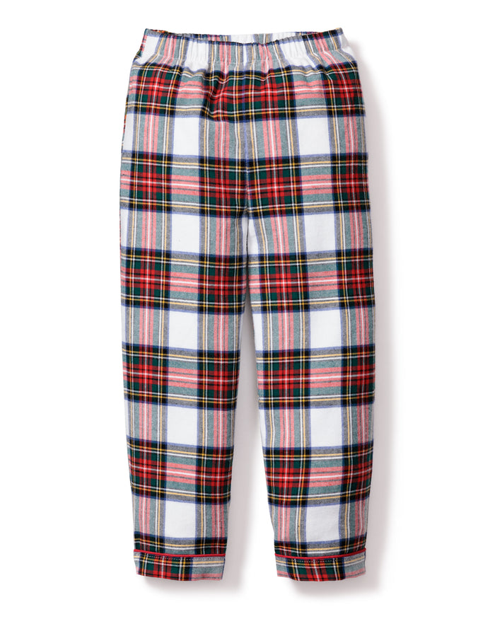 Petite Plumes Kids Brushed Cotton Pajama Pant in Balmoral Tartan features a striking red, white, black, and green plaid pattern with an elastic waistband and relaxed fit, perfect for cozy lounging.
