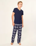 Kid's Brushed Twill Pant in Oxford Tartan, featuring navy blue and white plaid with an elastic waistband, shown laid flat on a white background.