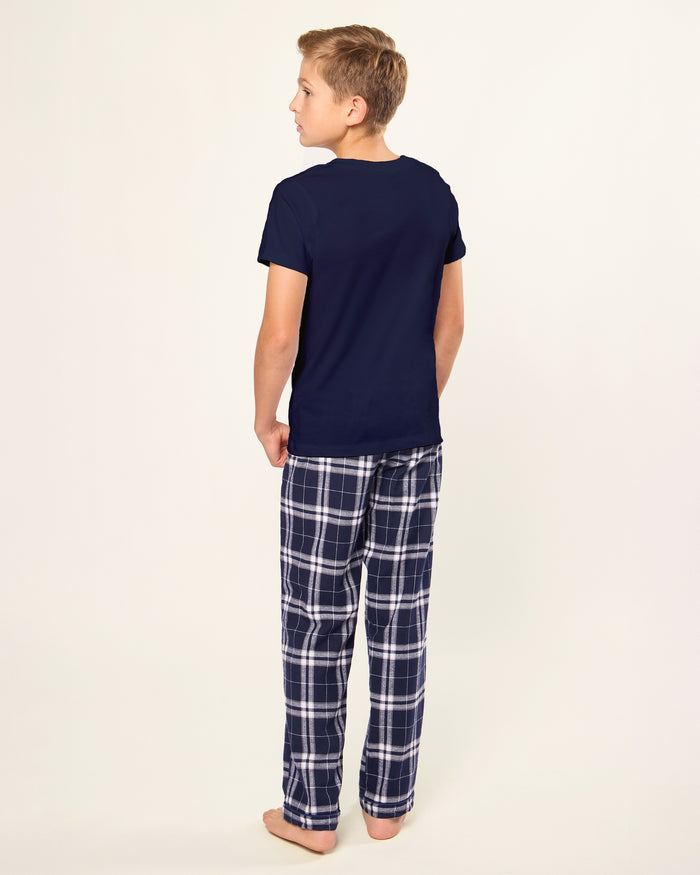 Kid's Brushed Twill Pant in Oxford Tartan, featuring navy blue and white plaid with an elastic waistband, shown laid flat on a white background.
