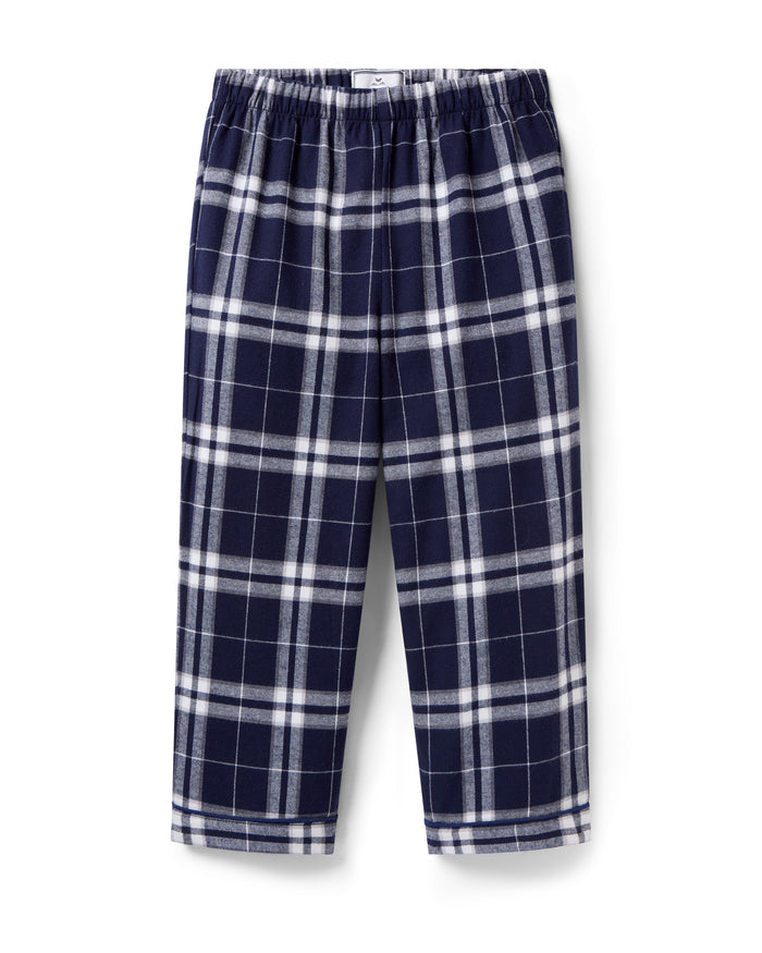 Kid's Brushed Twill Pant in Oxford Tartan, featuring navy blue and white plaid with an elastic waistband, shown laid flat on a white background.