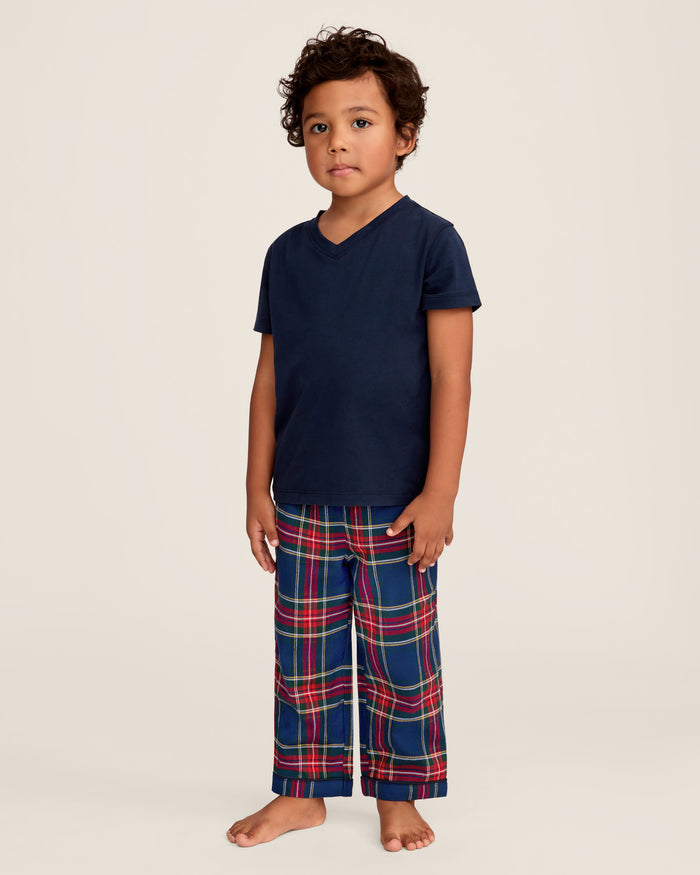 Kid's Brushed Twill Pajama Pant in Windsor Tartan features a classic red, green, and yellow plaid on dark blue with a comfortable elastic waistband.