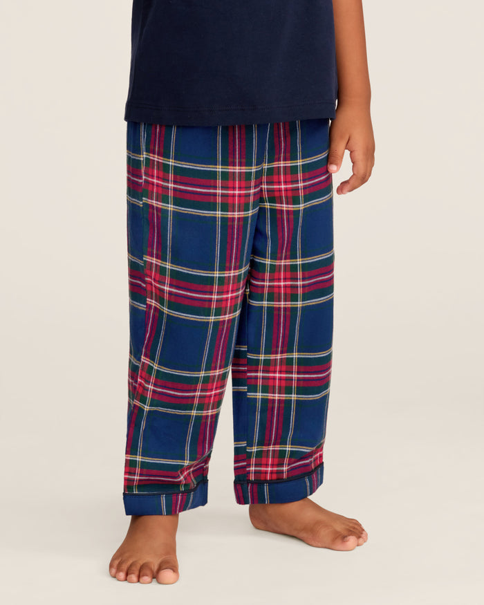 Kid's Brushed Twill Pajama Pant in Windsor Tartan features a classic red, green, and yellow plaid on dark blue with a comfortable elastic waistband.