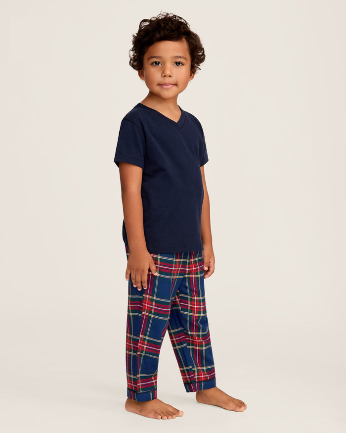 Kid's Brushed Twill Pajama Pant in Windsor Tartan features a classic red, green, and yellow plaid on dark blue with a comfortable elastic waistband.