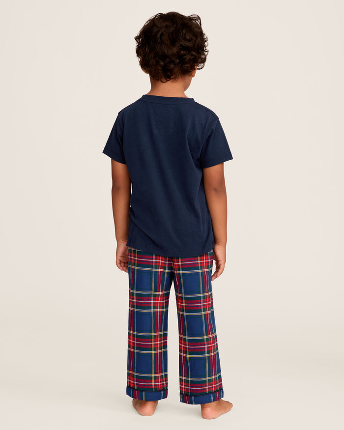 Kid's Brushed Twill Pajama Pant in Windsor Tartan features a classic red, green, and yellow plaid on dark blue with a comfortable elastic waistband.