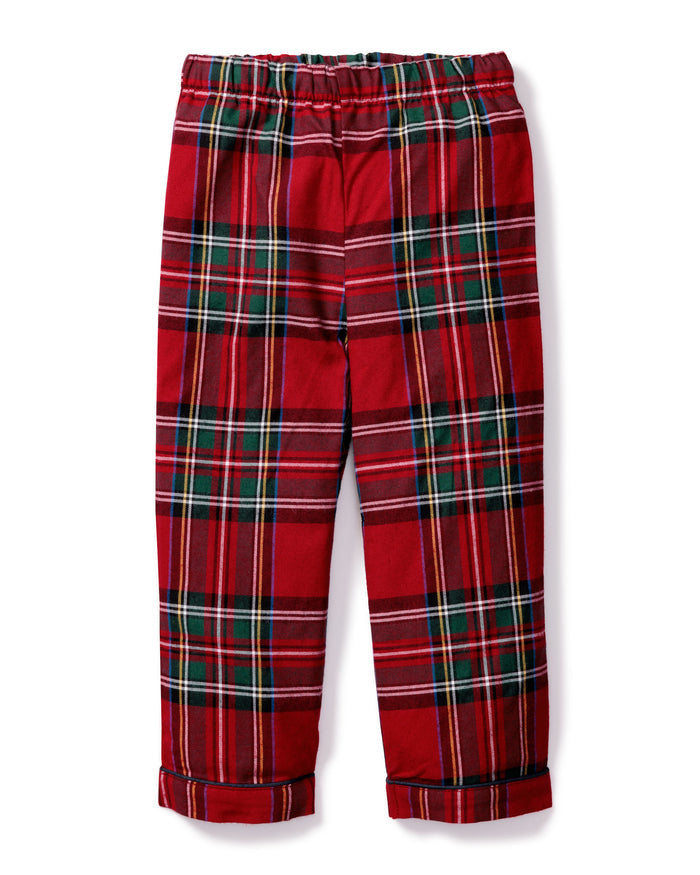 Kid's Brushed Twill Pajama Pants in Imperial Tartan laid flat on a white background, featuring red plaid with green, white, and yellow stripes, plus an elastic waistband and bottom cuffs.