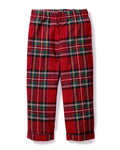 Kid's Brushed Twill Pajama Pants in Imperial Tartan laid flat on a white background, featuring red plaid with green, white, and yellow stripes, plus an elastic waistband and bottom cuffs.