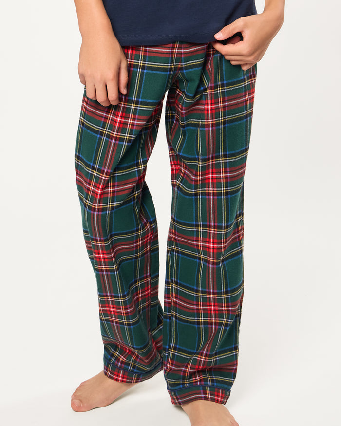 Kid's Brushed Twill Pajama Pants in Kensington Tartan, featuring green, red, yellow, and white plaid and an elastic waistband, displayed against a white background.