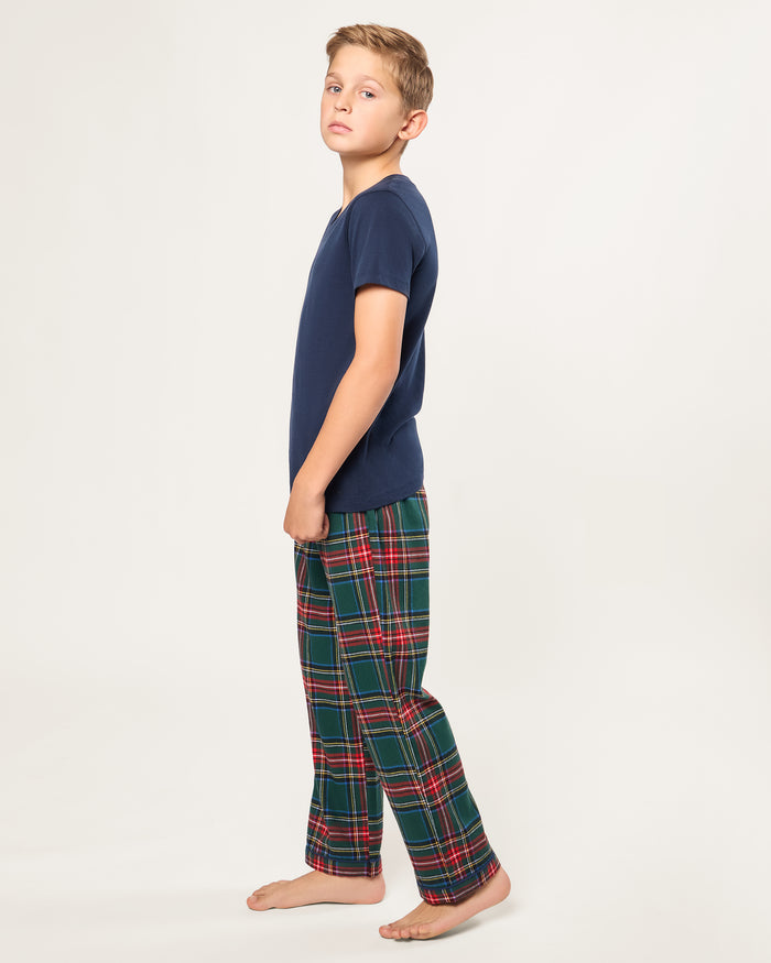 Kid's Brushed Twill Pajama Pants in Kensington Tartan, featuring green, red, yellow, and white plaid and an elastic waistband, displayed against a white background.