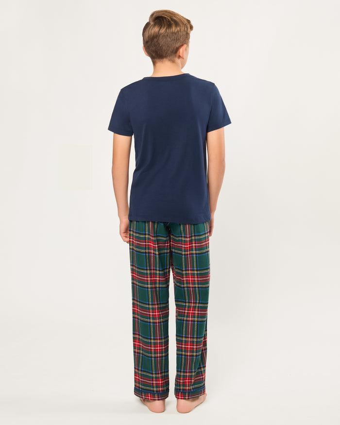 Kid's Brushed Twill Pajama Pants in Kensington Tartan, featuring green, red, yellow, and white plaid and an elastic waistband, displayed against a white background.