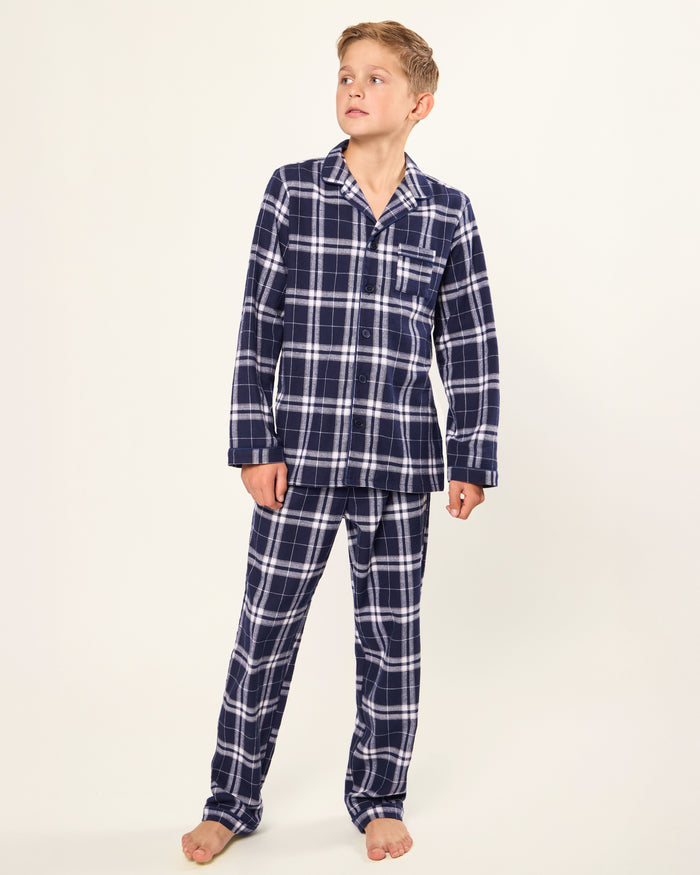 Kid's Brushed Twill Pajama Set in Oxford Tartan, featuring a navy and white plaid long-sleeve button-up top with chest pocket and matching elastic-waist pants, displayed neatly on a white background.