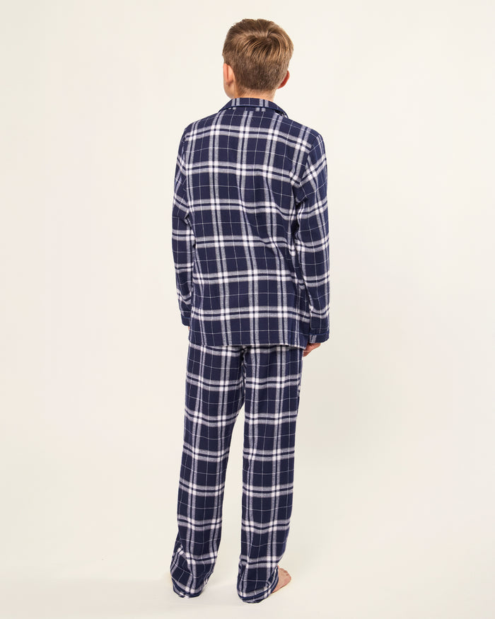 Kid's Brushed Twill Pajama Set in Oxford Tartan, featuring a navy and white plaid long-sleeve button-up top with chest pocket and matching elastic-waist pants, displayed neatly on a white background.