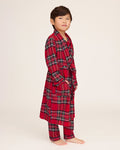 Kid's Brushed Twill Robe in Imperial Tartan features a red plaid with green, white, and yellow lines, long sleeves, shawl collar, two front pockets, and a matching belt. Displayed flat on a white background.