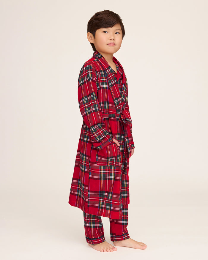 Kid's Brushed Twill Robe in Imperial Tartan features a red plaid with green, white, and yellow lines, long sleeves, shawl collar, two front pockets, and a matching belt. Displayed flat on a white background.