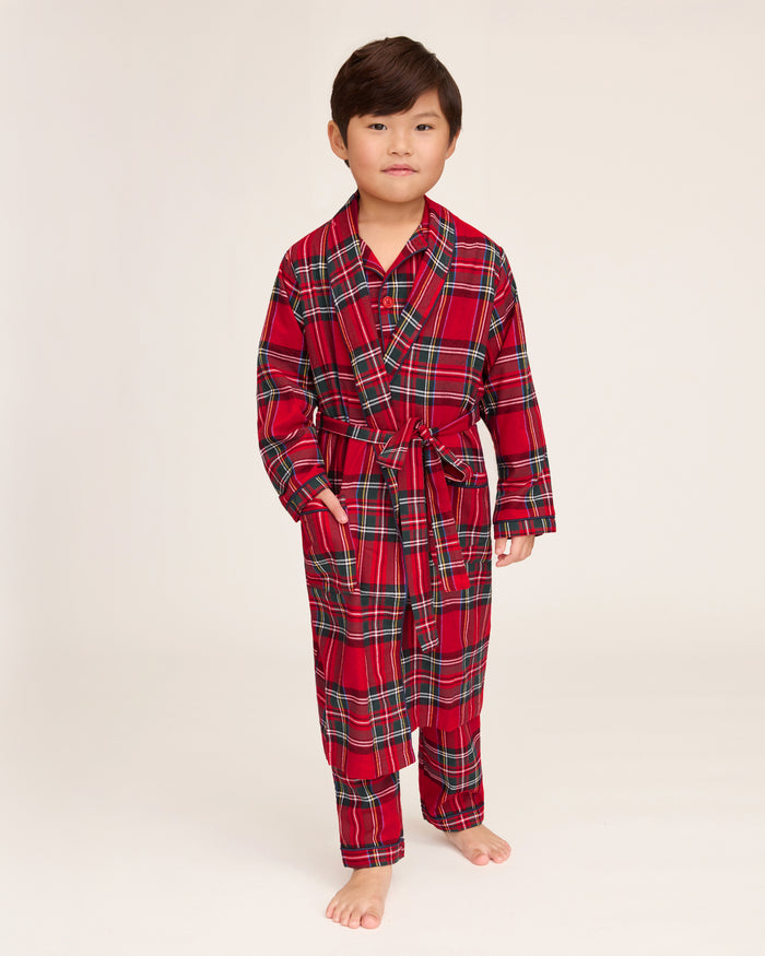 Kid's Brushed Twill Robe in Imperial Tartan features a red plaid with green, white, and yellow lines, long sleeves, shawl collar, two front pockets, and a matching belt. Displayed flat on a white background.