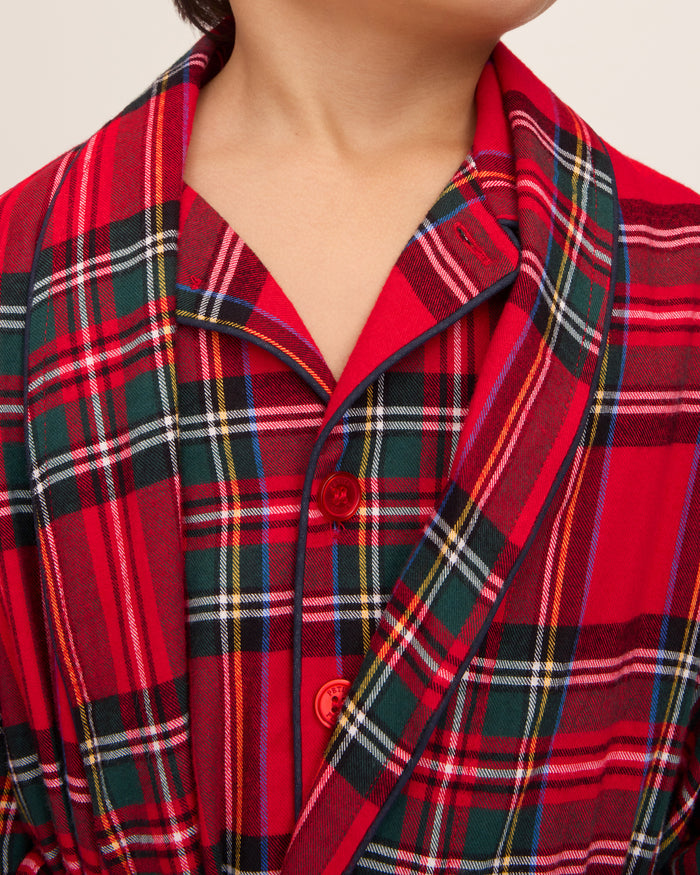Kid's Brushed Twill Robe in Imperial Tartan features a red plaid with green, white, and yellow lines, long sleeves, shawl collar, two front pockets, and a matching belt. Displayed flat on a white background.