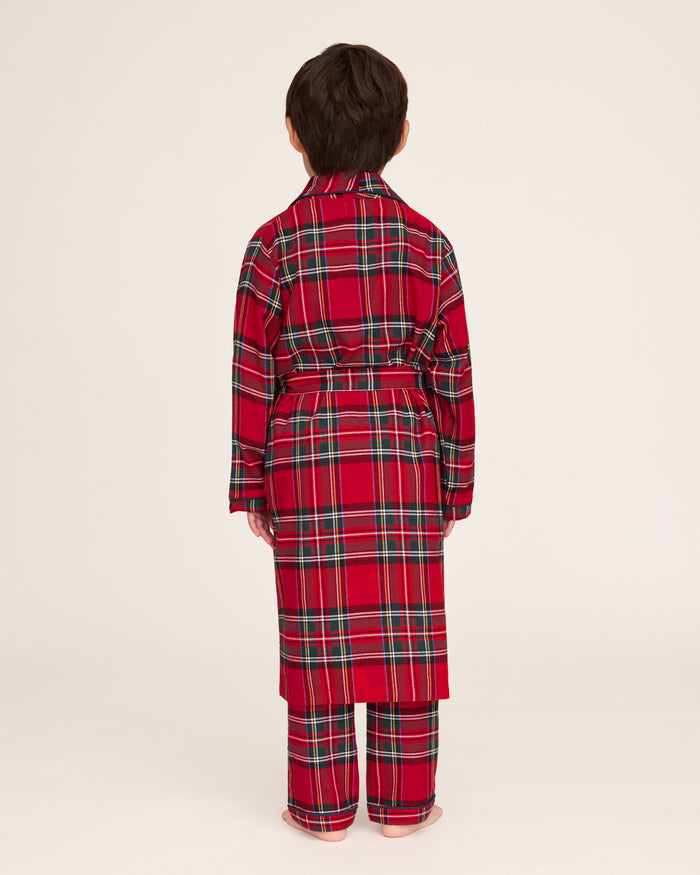 Kid's Brushed Twill Robe in Imperial Tartan features a red plaid with green, white, and yellow lines, long sleeves, shawl collar, two front pockets, and a matching belt. Displayed flat on a white background.