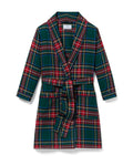 The Kid's Brushed Twill Robe in Kensington Tartan is knee-length with long sleeves, a shawl collar, two front pockets, and a matching belt. It features a classic green, red, and yellow tartan plaid pattern.
