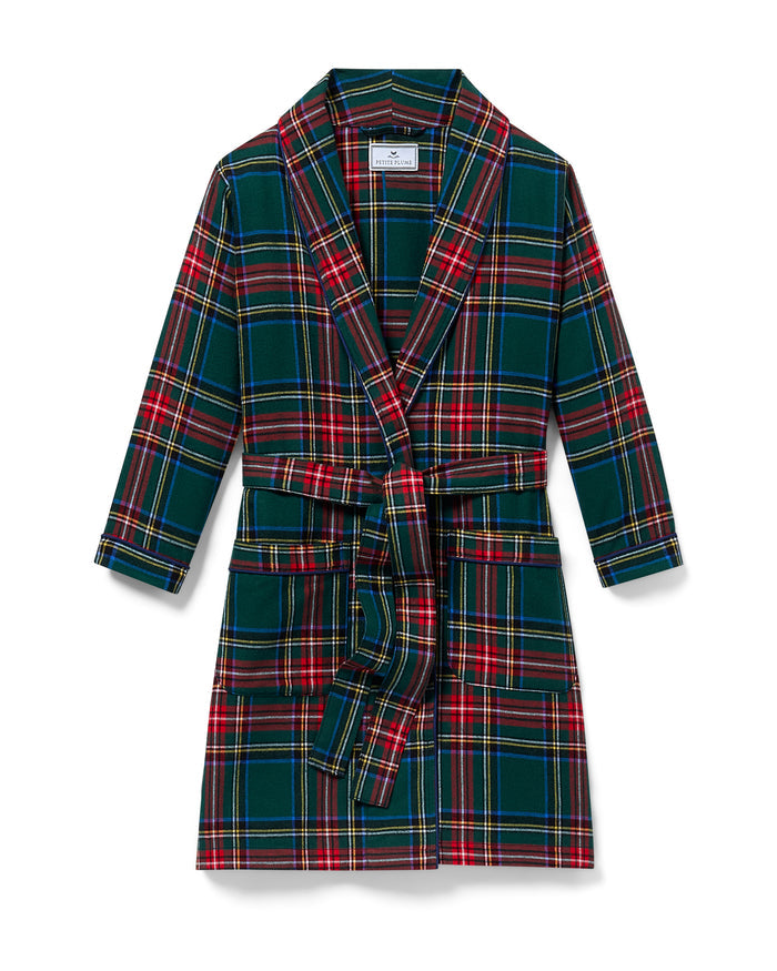 The Kid's Brushed Twill Robe in Kensington Tartan is knee-length with long sleeves, a shawl collar, two front pockets, and a matching belt. It features a classic green, red, and yellow tartan plaid pattern.