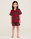 The Kid's Brushed Twill Short Set in Imperial Tartan features red plaid with green, black, and white stripes, including a short-sleeve button-up shirt with a chest pocket and matching elastic waistband shorts.