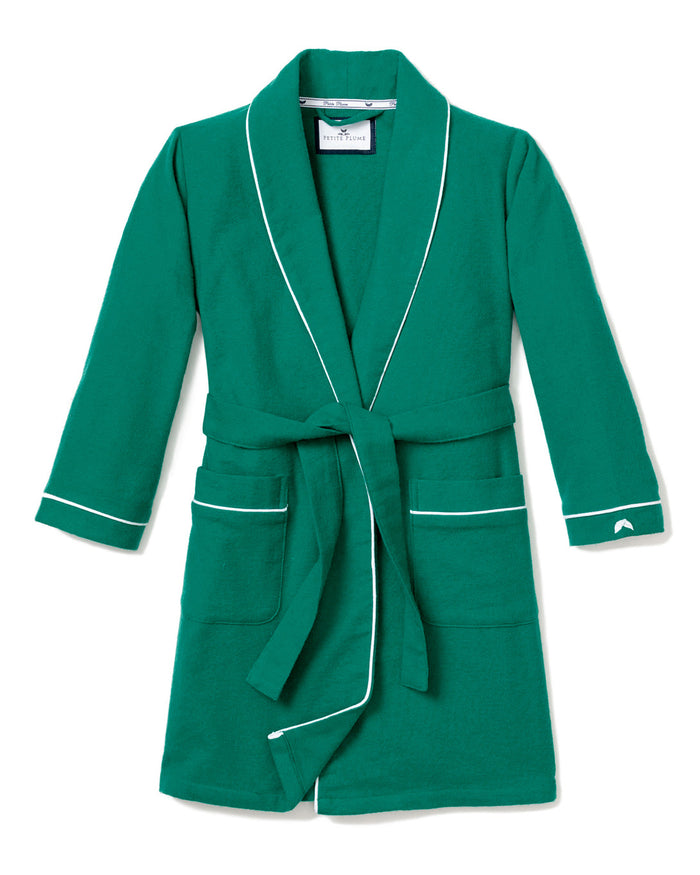 Kids Flannel Robe by Petite Plume: Forest green with white piping, shawl collar, long sleeves, two front pockets, matching waist belt. Made from flame-retardant fabric for safety.