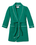 Kids Flannel Robe by Petite Plume: Forest green with white piping, shawl collar, long sleeves, two front pockets, matching waist belt. Made from flame-retardant fabric for safety.