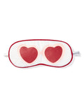 The Kids Maisonette Exclusive Je tadore Valentines Sleep Mask by Petite Plume is white with red trim and two red hearts outlined in pink, resembling sunglasses. PETITE is labeled on the right side to complement your luxurious sleepwear.