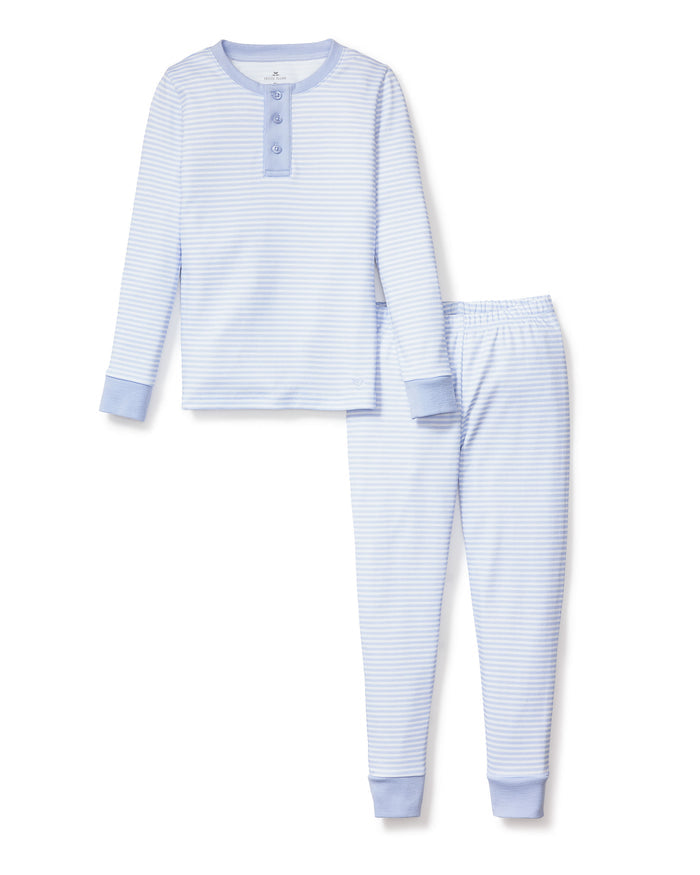 The Petite Plume Kids Pima Snug Fit Pajama Set in Blue Stripes features a soft Pima cotton design with long sleeves, a buttoned neckline, subtle stripes, and light blue cuffs. Displayed on a white background, its ideal for cozy nights.