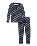 Kid’s Pima Snug Fit Pajama Set in Captain’s Compass, featuring long sleeves and matching pants in navy blue with white circular geometric patterns and a buttoned collar, displayed on a white background.