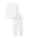 The Kids Pima Snug Fit Pajama Set by Petite Plume features a white long-sleeved buttoned henley top and matching pants, both crafted from soft Pima cotton with subtle gray star patterns, elegantly displayed against a plain white background.