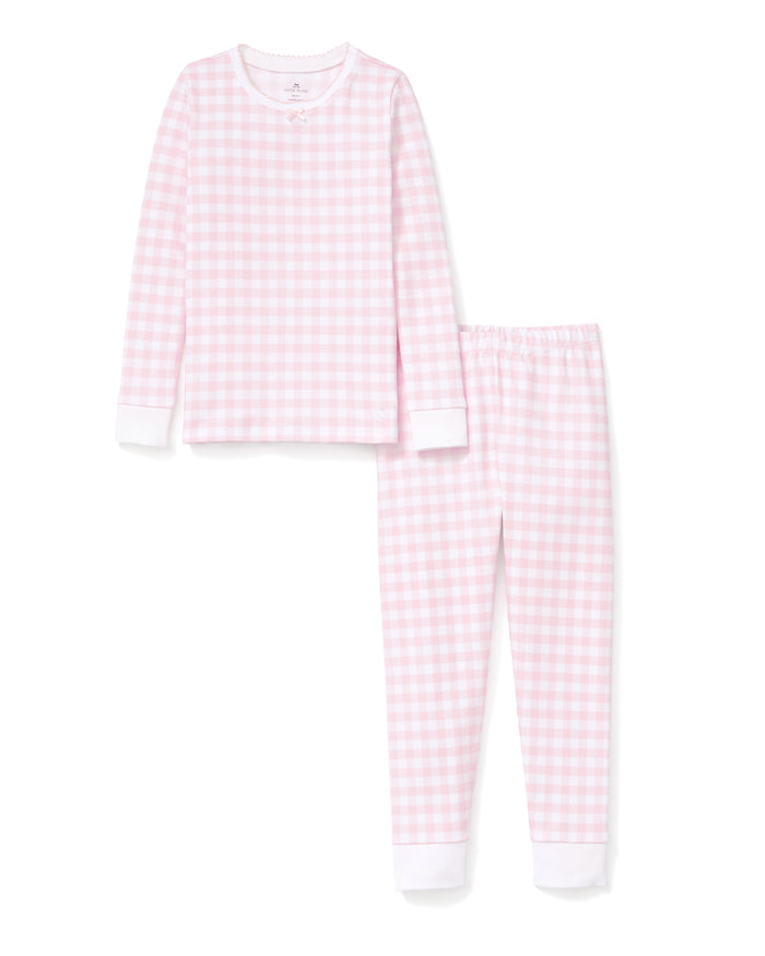 Introducing the Kid’s Pima Snug Fit Pajama Set in Pink Gingham, featuring a light pink and white gingham pattern. This set includes a long-sleeve top and matching pants with white cuffs and offers a comfortable, relaxed fit for children.