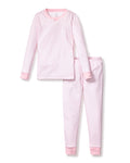 The Kids Pima Snug Fit Pajama Set by Petite Plume features pink and white stripes in soft Pima cotton. It includes a cozy long-sleeve top with a cute bow at the neckline and matching pants with charming pink cuffs, showcased on a white background.