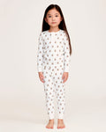 The Kid's Pima Snug Fit Pajama Set in Teddy Tales features a white long-sleeve buttoned top and elastic waist pants with ribbed cuffs, both printed all over with brown teddy bears. Suitable for children.