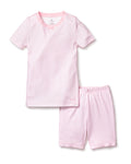 The Petite Plume Kids Pima Snug Fit Pajama Short Set in Pink Stripes includes a short sleeve top and shorts made from soft, stretchy Pima cotton, offering comfort and style for kids.