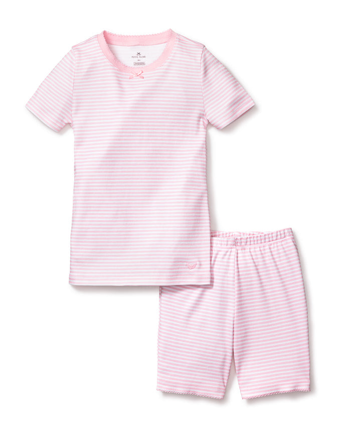 The Petite Plume Kids Pima Snug Fit Pajama Short Set in Pink Stripes includes a short sleeve top and shorts made from soft, stretchy Pima cotton, offering comfort and style for kids.