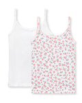 The Kid's Pointelle Cami Set of 2 in White & Pink Floral includes two sleeveless camisoles: one plain white with a bow and one white with a pink and green floral pattern. Both feature thin straps and lace trim.
