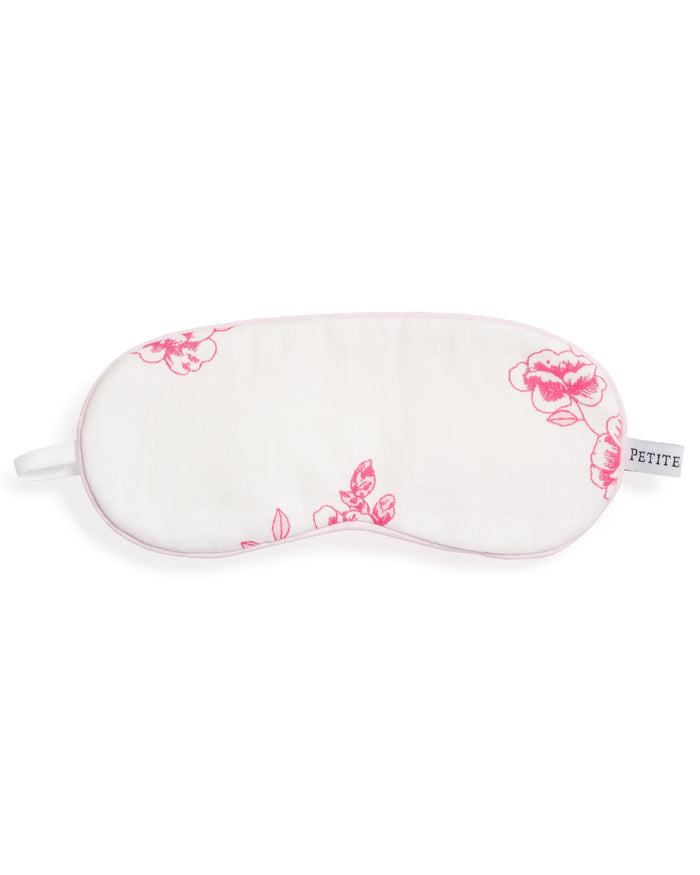 The Kids Sleep Mask in English Rose Floral by Petite Plume, featuring a white background and pink floral pattern, is perfect for memorable moments. Enhance the charm with matching eye masks for a coordinated look.