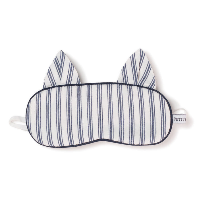 The Kids Twill Kitty Sleep Mask by Petite Plume, in Navy French Ticking, is a whimsical gift. Adorned with cat ears and blue and white stripes, it features a side tag and elastic band for a snug fit. Its perfect for coordinating eye mask sets at bedtime.