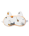 The Kids Twill Kitty Sleep Mask in Trick or Treat by Petite Plume features Halloween icons like a cat, broomstick, pumpkin, spider web, and boo. With white fabric and orange trim, plus fabric cat ears, this mask adds festive charm to your sleepwear.