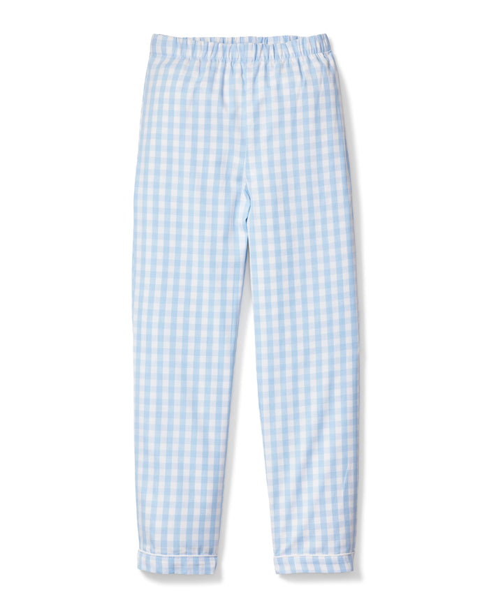 Kid's Twill Pajama Pants in Light Blue Gingham, featuring an elastic waistband, are displayed flat against a white background.