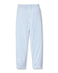 Kid's Twill Pajama Pants in Light Blue Gingham, featuring an elastic waistband, are displayed flat against a white background.