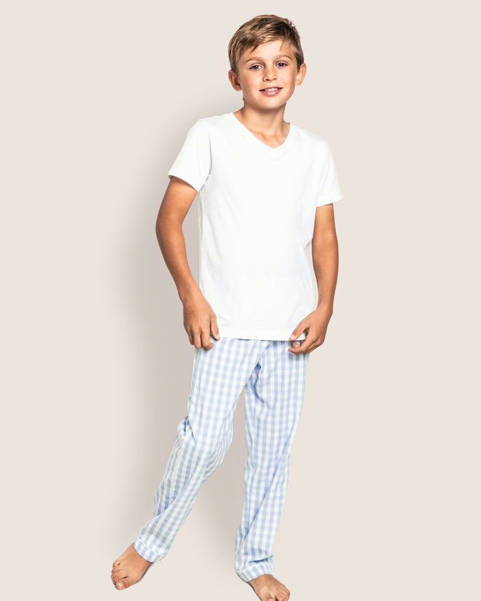 Kid's Twill Pajama Pants in Light Blue Gingham, featuring an elastic waistband, are displayed flat against a white background.