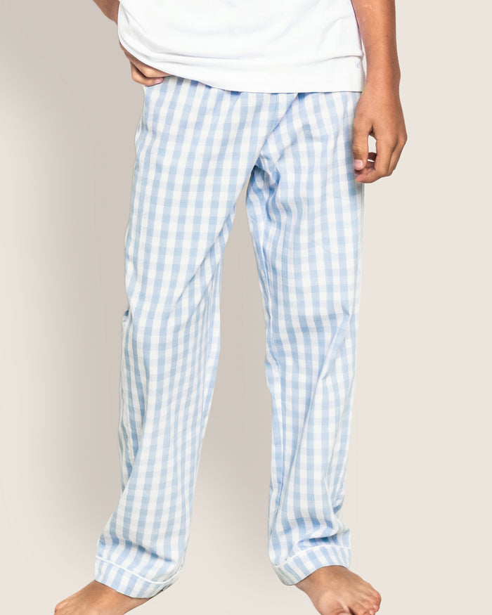 Kid's Twill Pajama Pants in Light Blue Gingham, featuring an elastic waistband, are displayed flat against a white background.